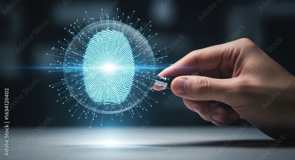Poster hand examining a glowing digital fingerprint hologram for biometric security and identity verificati