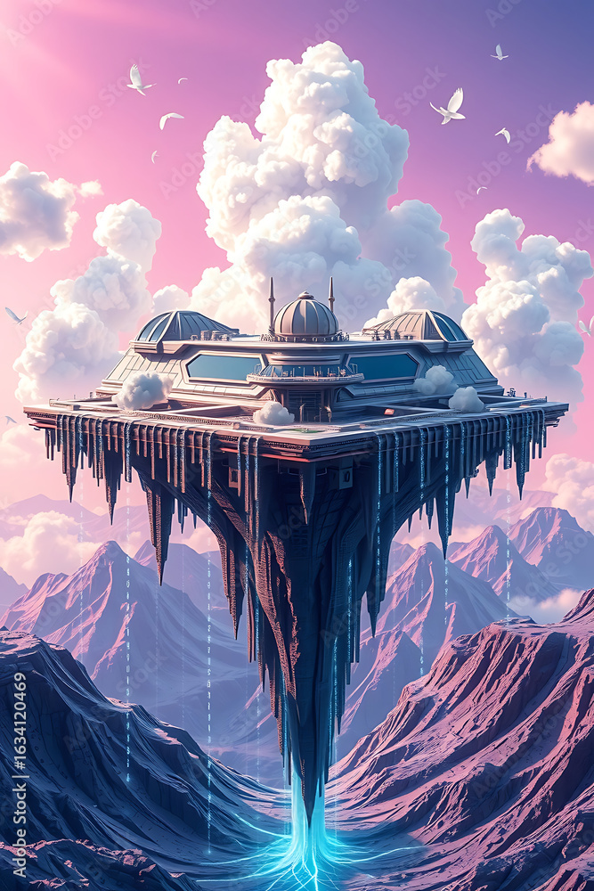Poster A fantastical floating structure with a modern design, surrounded by mountains and clouds.