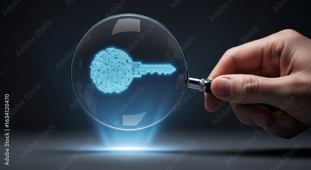 Aufkleber hand holding magnifying glass inspecting a luminous digital key, symbolizing cybersecurity and data 