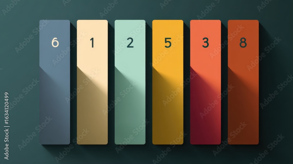 Poster colorful vertical blocks with numbers cast geometric shadows, creating a vibrant and modern abstract