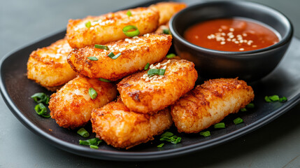 Crispy deep fried shrimp toast garnished with sesame seeds and served with dipping sauce