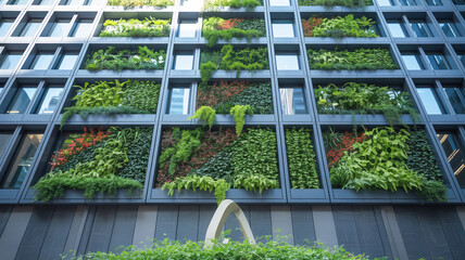 A modern building exterior with a green living wall design.