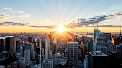 Fototapeta premium Stunning city skyline at sunset with vibrant rays illuminating buildings and horizon