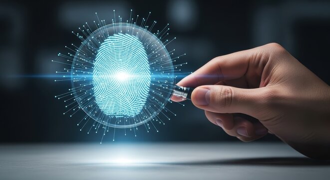 Hand examining a glowing digital fingerprint hologram for biometric security and identity verification
