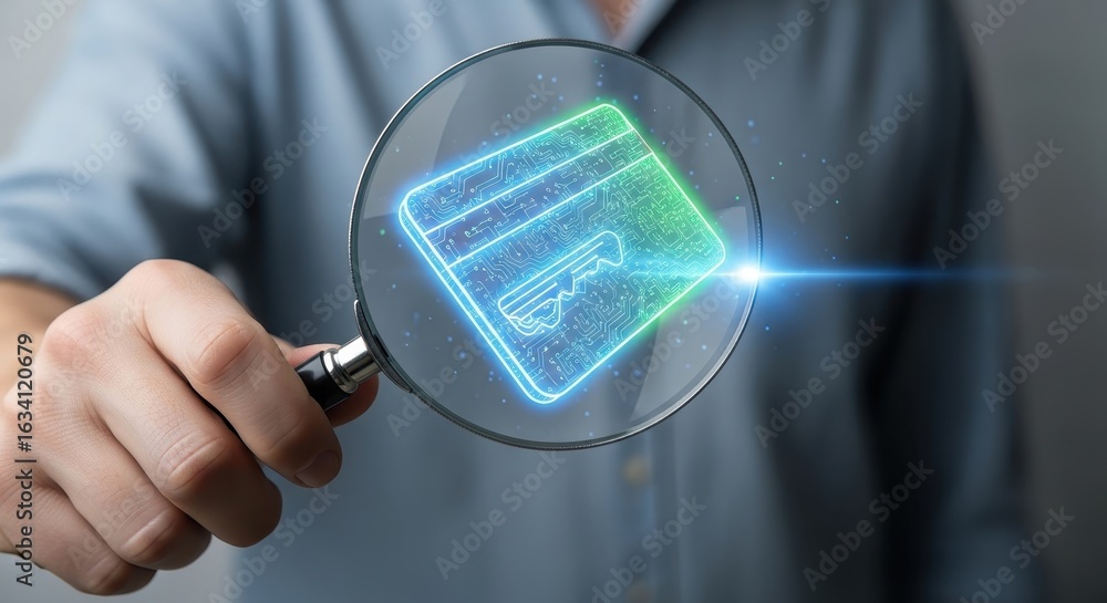 Poster man with a magnifying glass examining a holographic secure keycard icon for digital access and safet