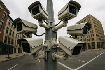 Cluster of surveillance cameras mounted on a pole at a city intersection, symbolizing mass surveillance and public monitoring