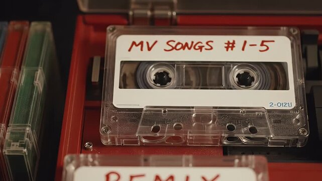 Vintage cassette tape with MV SONGS 1-5 label in a classic red audio player close-up showcasing retro music technology analog sound and nostalgic vibes