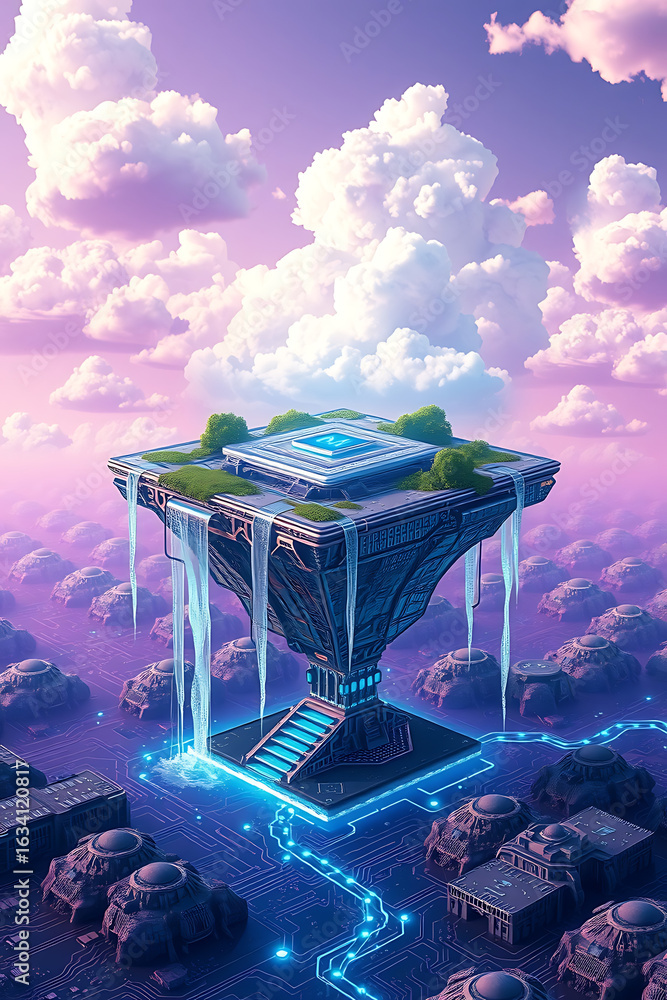 Poster a futuristic floating platform with waterfalls and a staircase, set against a backdrop of clouds in 