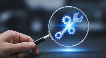 Hand holding magnifying glass focusing on a detailed holographic wrench icon, glowing blue light