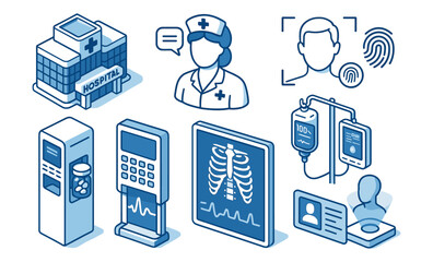 Isometric medical icons set featuring hospital, nurse, and healthcare technology