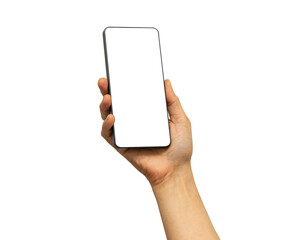 Asian woman holding smartphone in hand with blank screen isolated on white background with clipping path.