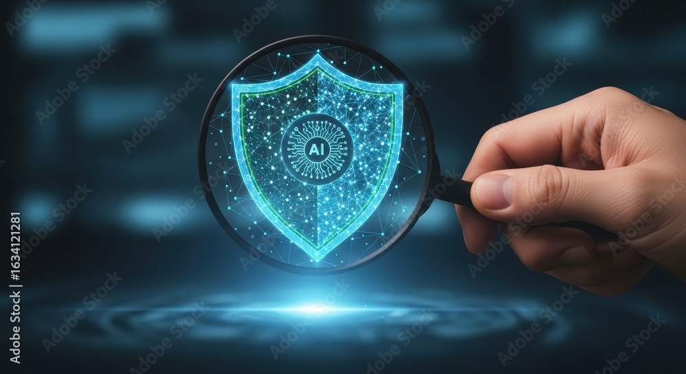 Poster analyzing ai-powered cybersecurity with a magnifying glass focusing on a digital shield hologram