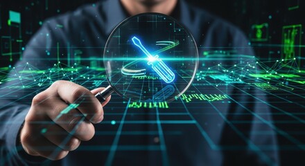 IT specialist holding magnifier over a virtual screwdriver for system maintenance and analysis