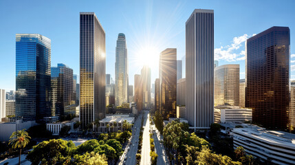 Obraz premium Stunning downtown skyline with high rise buildings glowing under sunlight