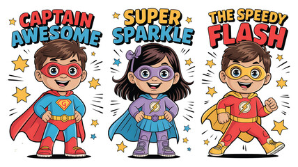 Superhero Cartoon Character Trio Kids Illustrations with Captain Awesome Super Sparkle and Speedy Flash for Childrens Books and Comics