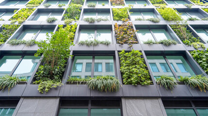 A modern building exterior with a green living wall design.