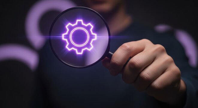 Businessman holding a magnifying glass over a glowing purple gear. Technology settings concept.