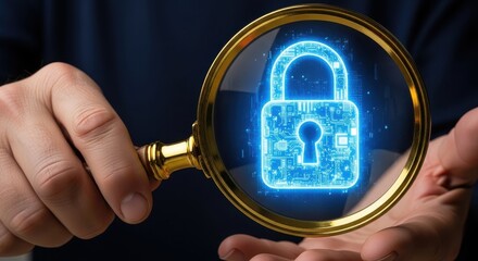Man's hand holding a magnifying glass inspecting a glowing blue digital security padlock icon.
