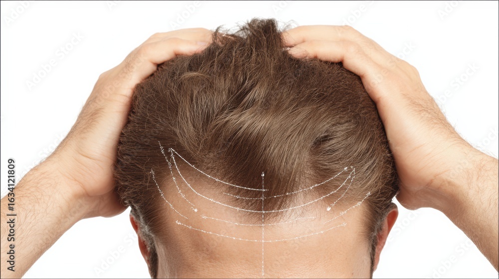Poster scalp tightening procedure diagram illustrating the upper head area with focus on scalp treatment te