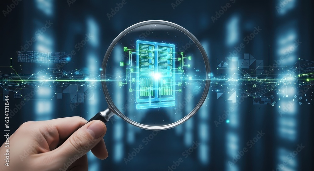 Poster hand analyzing a holographic server icon with a magnifying glass in a data center.