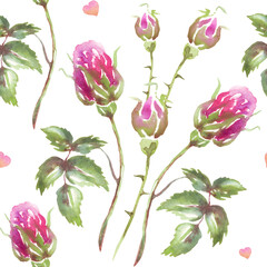 Seamless floral pattern with pink watercolor roses