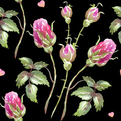 Seamless floral pattern with pink watercolor roses