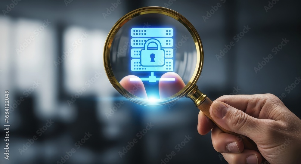Poster hand with a magnifying glass analyzing a glowing digital icon of a secure server.