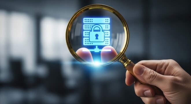 Hand with a magnifying glass analyzing a glowing digital icon of a secure server.