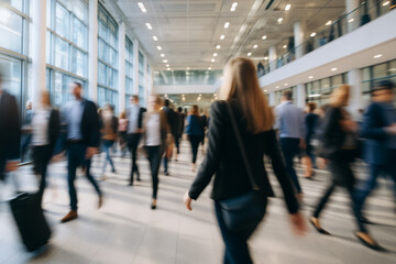 Blurred motion of business people walking through a bright modern office building, creating a defocused corporate background