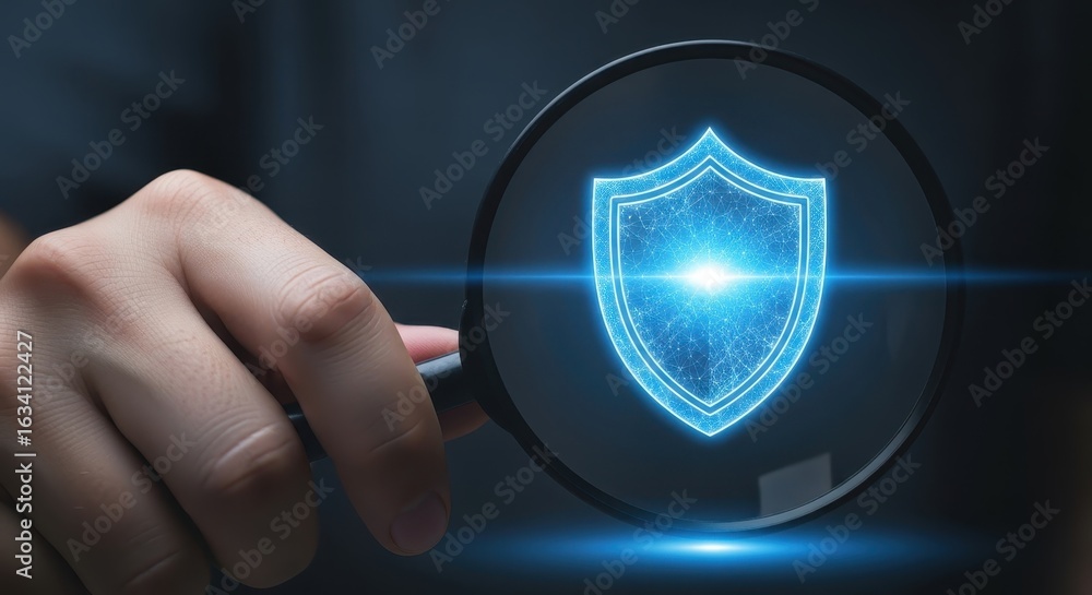 Poster cybersecurity concept with a hand using a magnifying glass on a glowing digital shield icon.