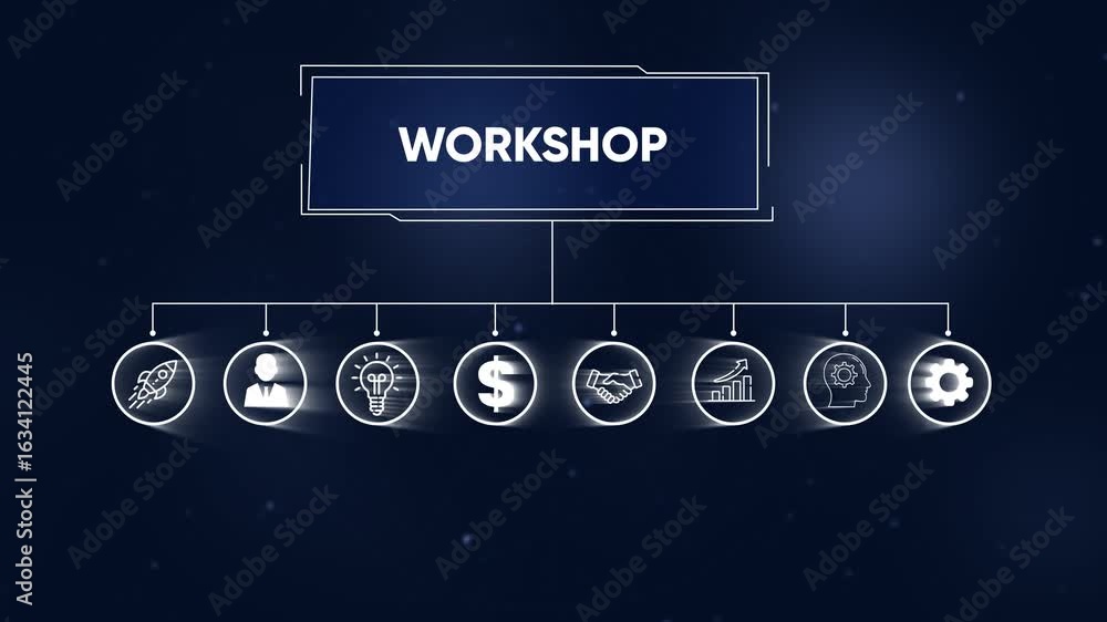 Poster animated infographic representing launch process and technology progress on dark blue background
