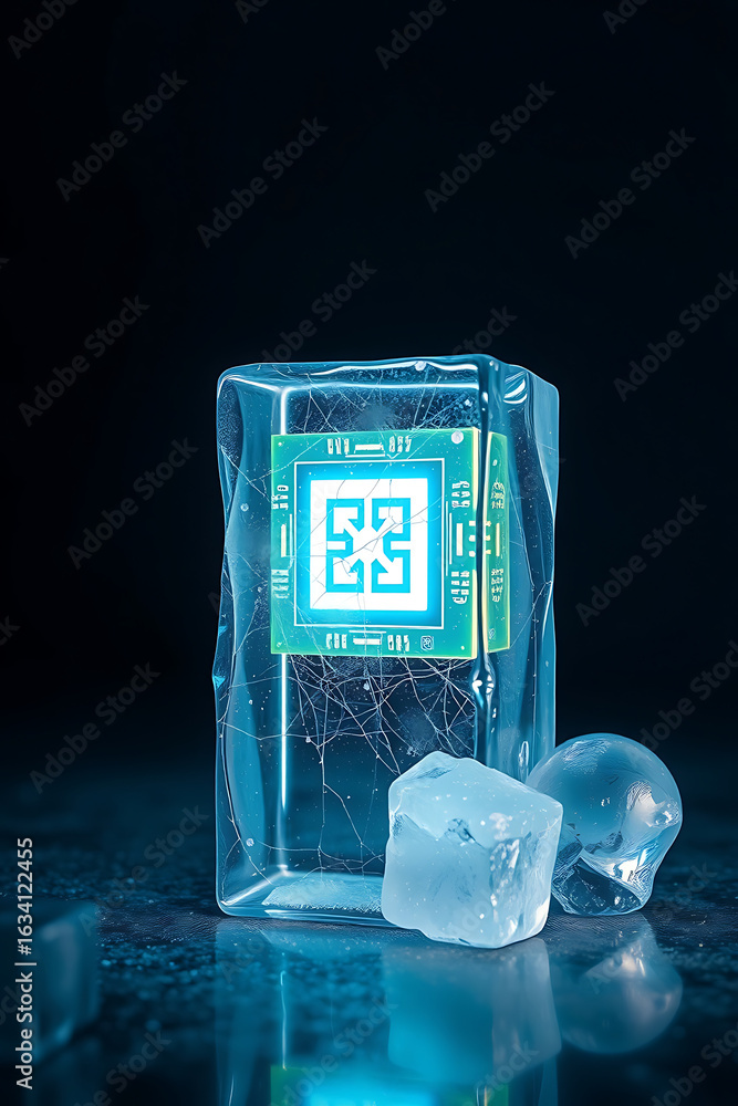 Aufkleber a microchip encased in a block of ice, symbolizing technological preservation or cold storage.