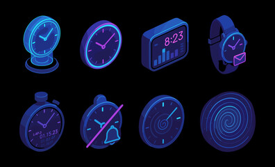 Stylish neon clocks and watches in isometric design