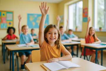 Excited schoolchildren raising their hands in a bright classroom on the first day of school, ready to participate and learn