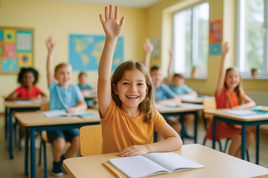 Excited schoolchildren raising their hands in a bright classroom on the first day of school, ready to participate and learn - Powered by Adobe