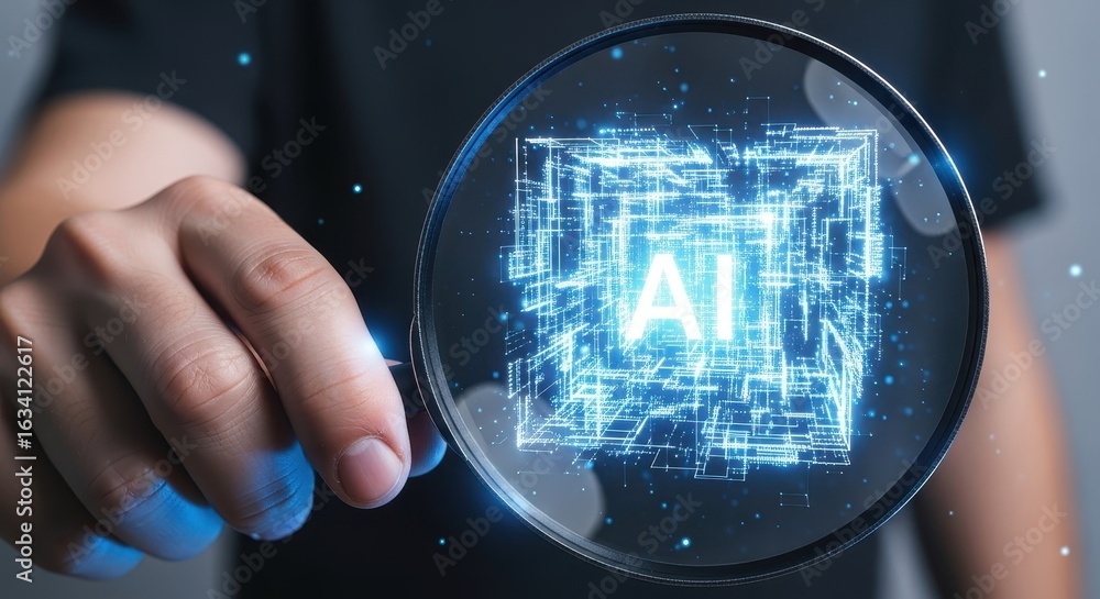 Aufkleber person using a magnifying glass to inspect a glowing artificial intelligence data block.