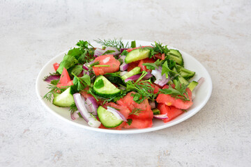 Refreshing Watermelon and Cucumber Salad with Herbs