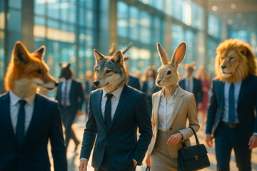 Business professionals with animal heads walking in a corporate hallway, blending surrealism with humor and metaphorical workplace themes