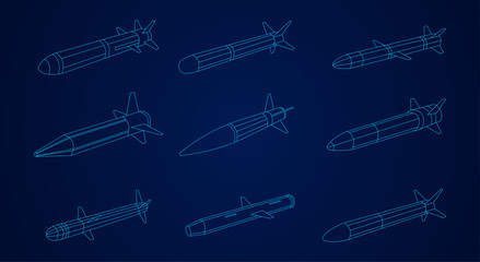 A drawing of many different types of missiles. The drawing is black and white. The idea of the drawing is to show the variety of missiles that exist. Isometric view. 3D