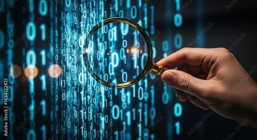 Poster a hand holding a magnifying glass inspecting a futuristic ai binary code hologram for analysis