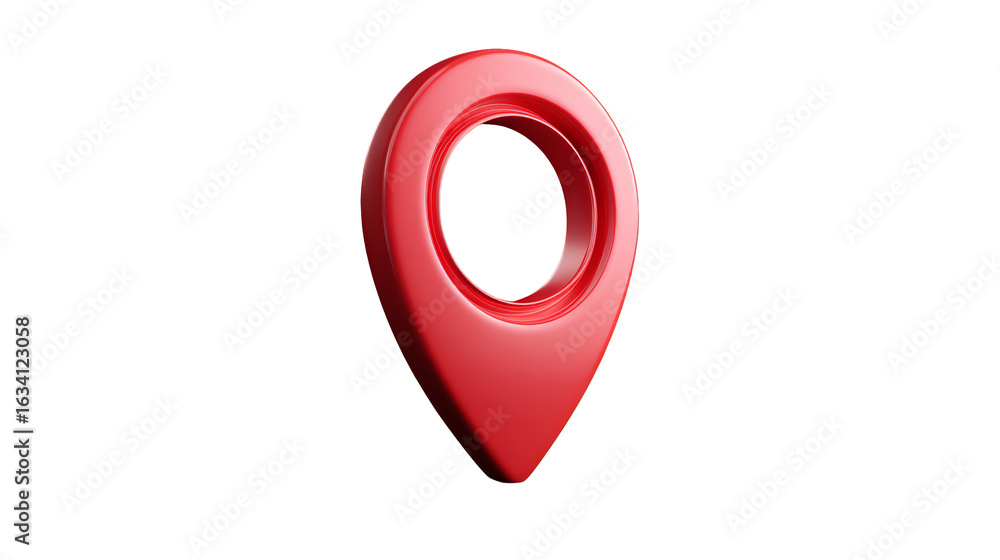 Poster glossy red map location pin, navigation icon symbol on transparent background