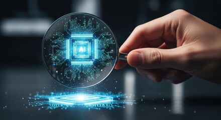 A hand with a magnifying glass examining a glowing digital AI chip hologram on a dark background