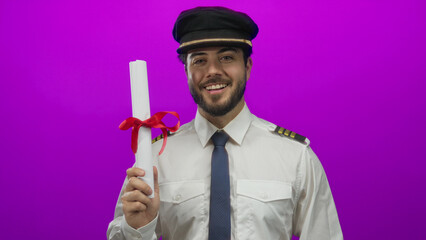 Young man in pilot uniform holding diploma against bright pink backdrop, smiling confidently, representing graduation and achievement