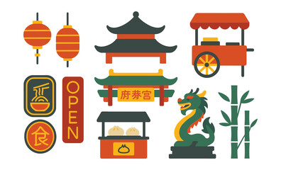 Flat asian cultural icons: pagoda, dragon, lanterns, and bamboo elements
