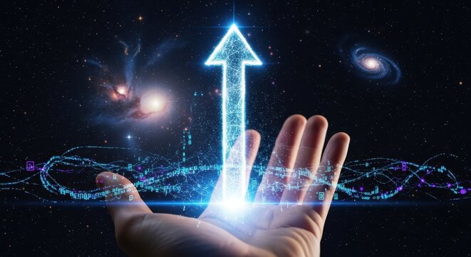 A hand holds a glowing digital arrow pointing up, symbolizing growth in future technology.