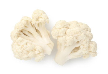 Fresh raw cauliflower florets isolated on white, top view