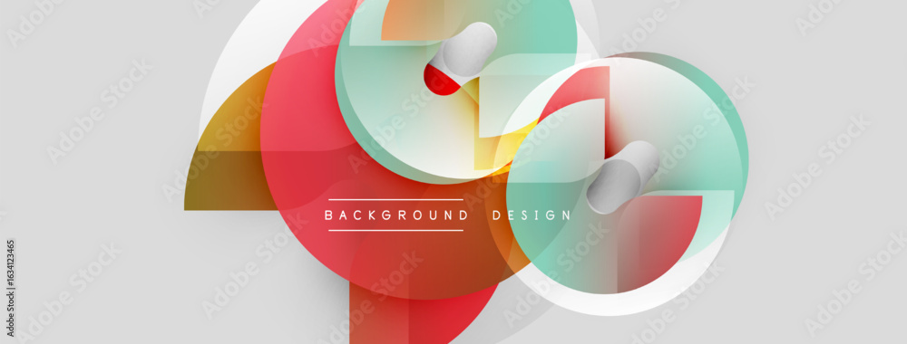 Poster abstract geometric shapes overlap, creating vibrant color gradients. minimalist design with text ele