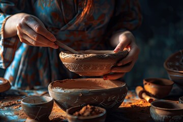 Sharp Image of Female Potters Hand Decorating the Clay Bowl with Tool