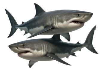 Two detailed great white sharks swimming together on transparent background.