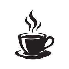 Stylized black silhouette of steaming hot coffee cup on a saucer